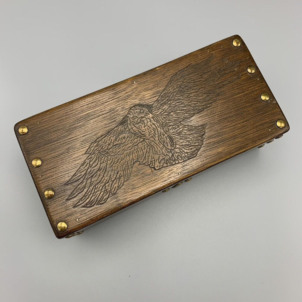 Vtg Footed Hinged Wooden Keepsake Box Etched Flying Eagle or Owl Brass Nail Head